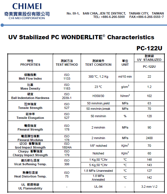 這是一張臺灣奇美PC PC-122U物性參數(shù)表圖片